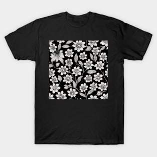 Black and White Vintage Floral Cottagecore Gothic Romantic Flower Peony Rose Leaf Design T-Shirt